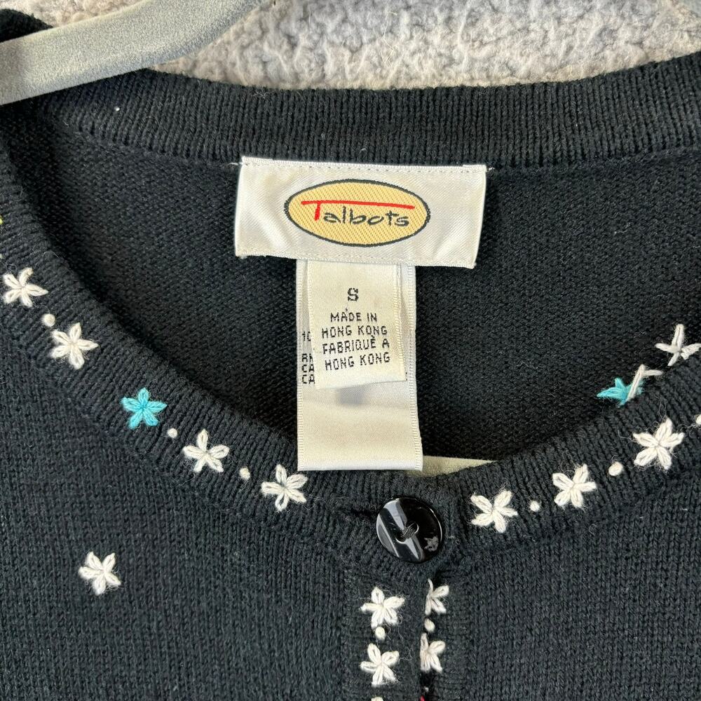 Vintage Talbots Embroidered Cardigan Small 90s Black Sweater Floral Allover - Picture 5 of 12